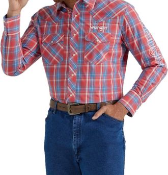 Wrangler Western Logo Plaid Button Down Shirt In Red