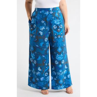 Sugarlips Palmate Pluma Floral Print Wide Leg Pants in Teal-Blue at Nordstrom, Size 3X