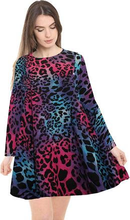 Generic AA Essential Womens Ladies Plain Jersey Bang Tartan Print Long Sleeve Party A Line Skater Flared Swing Dress Tee Top (Multi Leopard, 12-14)