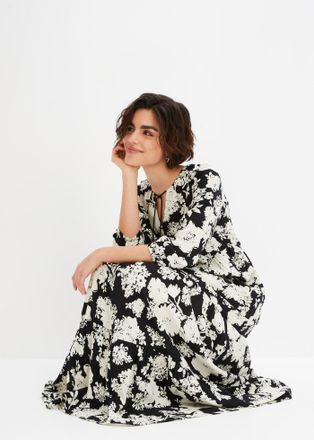 Bonprix Maxikleid BONPRIX, Damen, Gr. 38, N-Gr, schwarz, creme gebl&uuml;mt, Obermaterial: 100% Viskose, ausgestellt, Kleider Maxikleid, f&uuml;r Fr&uuml;hling und Sommer, a