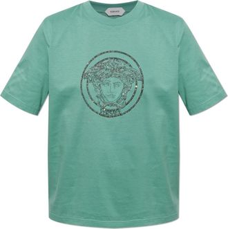 Versace T-shirt met glinsterende kristallen - Dames - T-shirts - Groen - M - Katoen - Tops