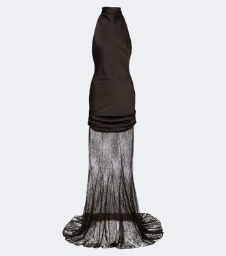 De La Vali Eldra ruched lace-trimmed satin maxi dress