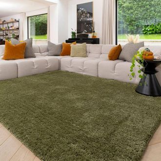 Kukoon Machine Washable Shaggy Rug Luxury Deep Pile Green Fluffy Bedroom Mat in Olive | Size: 200 cm x 290 cm