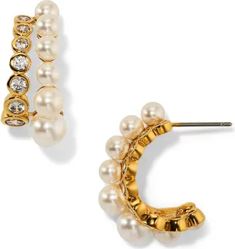 Nadri Imitation Pearl & Cubic Zirconia Double Row Hoop Earrings in Gold at Nordstrom