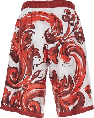 Dolce & Gabbana Mens Bermuda Shorts Maiolica Print Burgundy Silk