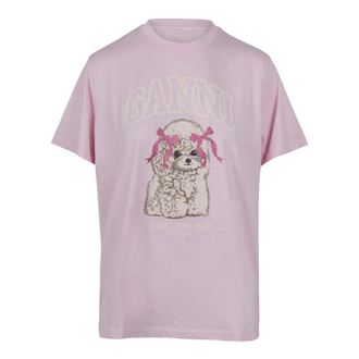 Ganni T-Shirts, female, Pink, Size: XS Puppy Print and Logo T-Shirt