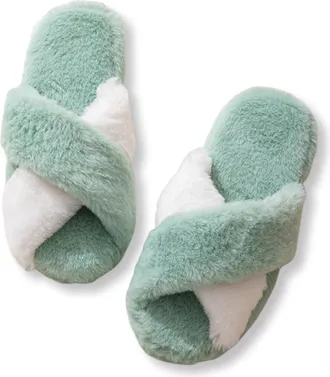 Generic Womens Slipper Cross-Strap Open-Toe Warm Cosy Non Slip Soft Lightweight Fluffy Slippers Green 2/2.5 UK