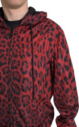 Dolce & Gabbana Mens Red Leopard Hooded Bomber Full Zip Jacket Nylon Clothing