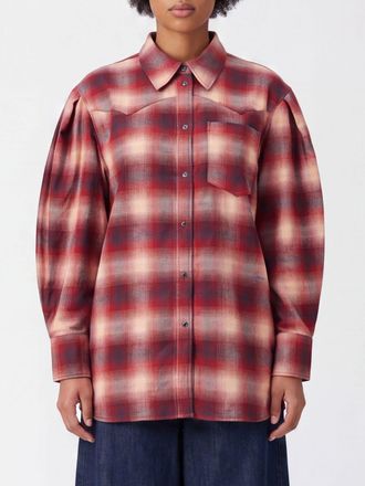 Ganni Camicia relaxed fit in flanella di cotone a quadri con maniche a palloncino