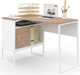 IDMarket Scrivania Angolare Rob In Bianco E Faggio Con Nicchia Di Contenimento E Anta Dal Design Industriale