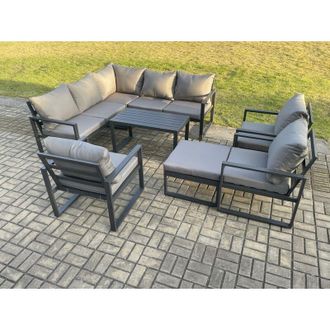 Fimous Fimous 9 Seater Aluminium Outdoor Garden Furniture Set Patio Lounge Sofa with Oblong Coffee Table Chair Big Footstool Dark Grey