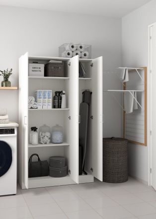 Dmora Fores Habitat S.l.u. - Gran Armario Multiusos Beaumont, Armario Auxiliar Con 3 Puertas, Zapatero Con Baldas, Mueble Escobero, 109x37h180 Cm, Blanco