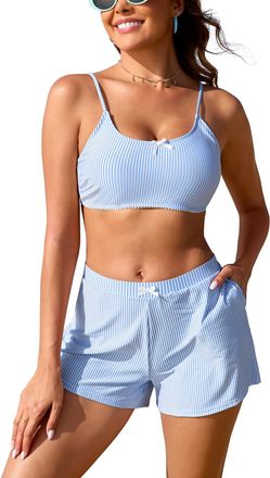 SHEKINI Women Two Piece Bikini Set with Pockets High Wasited Swimwear Shorts Bow Ties Striped Bathing Suit Cute Swimsuit, Light Blue, XX-Large