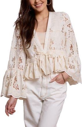 Saachi Embroidered Eyelet Tie Front Ruffle Top in Ivory at Nordstrom Rack