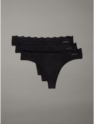 Calvin Klein Womens Microfiber Stretch with Lace 3-Pack Thong - Black - XL
