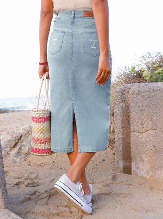 Casual Looks Jeansrock CASUAL LOOKS, Damen, Gr. 36, blau, bleached, 81% Baumwolle, 17% Polyester, 2% Elasthan, unifarben, wadenlang, R&ouml;cke Jeansrock