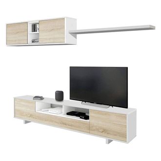 Dmora Dmora - Pared Equipada Dfantin, Mueble De Tv Para Sal&oacute;n, Composici&oacute;n Del Juego De Sala, Juego De Sal&oacute;n Con Mueble Alto, 260x41h46 Cm, Blanco Brillo Y 