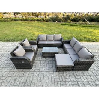 Fimous Rattan Outdoor Garden Furniture Sofa Set Patio Table & Chairs Set with 3 Seater Sofa Reclining Chair Big Footstool Dark Grey Mixed - Fimous