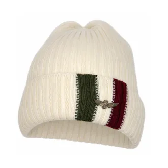 Aeronautica Aeronautica Militare, Beanies, male, Beige, Size: ONE SIZE Ribbed Beanie with Tricolor Flag and Metal Logo