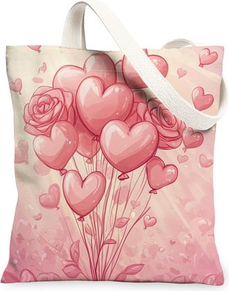Generic Valentines Day Rose Floral Canvas Tote Bag for Shopping 13x15, Pink Fun Romantic Love Flower Reusable Grocery Print Pattern Bag for Women, Holiday Bea