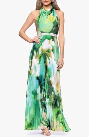 Betsy & Adam Floral Print Pleated Halter Dress in Green/Multi at Nordstrom, Size 12