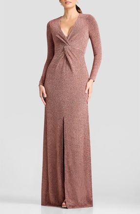 Dress The Population Aya Front Twist Long Sleeve Gown in Copper at Nordstrom, Size Xx-Small