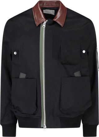 sacai Black Cotton Leather Collar Jacket