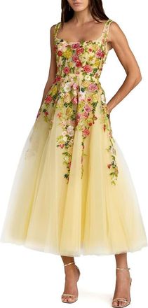 Mac Duggal Embroidered Tulle A-Line Midi Dress in Butter Multi at Nordstrom, Size 14