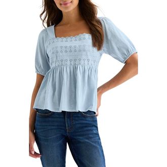 Lucky Brand Schiffli Square Neck Cotton Top in Blue Fog at Nordstrom Rack, Size X-Small