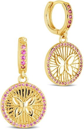 Sterling Forever Cz Bindi Butterfly Charm Hoop Earrings