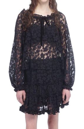 Anna Sui Shadow Blossom Tulle Elastic Lace Blouse in Black at Nordstrom, Size X-Small