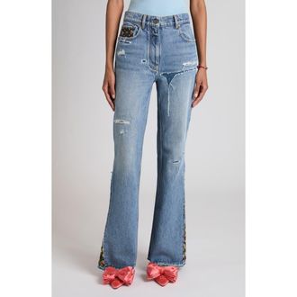 Valentino Tasche Patched & Distressed Flare Leg Jeans in Denim at Nordstrom, Size 27