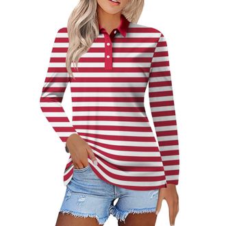 Generic Striped Golf Shirts for Women Oversized Long Sleeve Lapel Casual Premium Cotton Pique Polo Shirts Collared Work Shirts Tops Regular Fit Stretch Breath