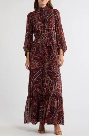 Eliza J Long Sleeve Paisley Print Maxi Dress in Black Red Multi at Nordstrom, Size 14