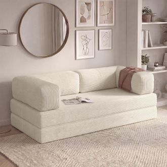 IDMarket Sof&aacute; Recto De 3 Plazas Convertible Natou En Terciopelo Acanalado Beige