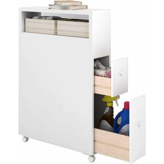 Costway Costway - Mueble Estrecho De Ba&ntilde;o Con Ruedas, Carro De Ba&ntilde;o, Cajones Hondos Y Extra&iacute;bles, Cestas De Mimbre Y Porta Escobilla, Armario Para Ba&ntilde;o, 50 X 