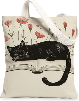 Generic Floral Cat Canvas Tote Bags, Vintage Art Design Reusable Grocery Bags, Lightweight Washable Shoulder Strap Canvas for Trave, Beige, 13x15 Inch