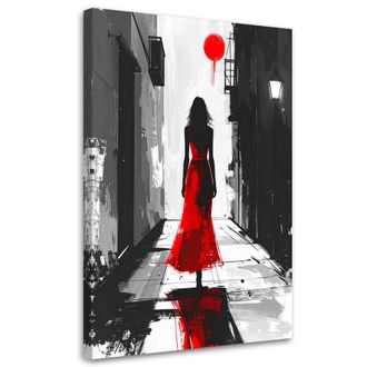 Feeby Cuadro En Lienzo, Mujer Con Vestido Rojo Caminando Por Una Calle Estrecha, 80x120