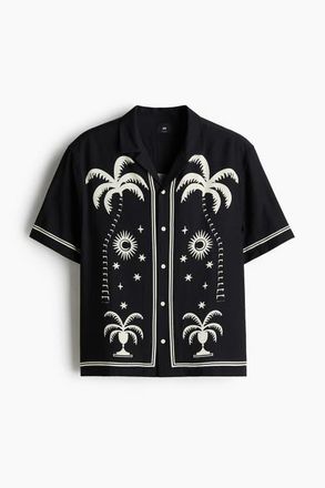 H&M Relaxed Fit Printed Resort Shirt in Black/patterned at Nordstrom, Size Xx-Large