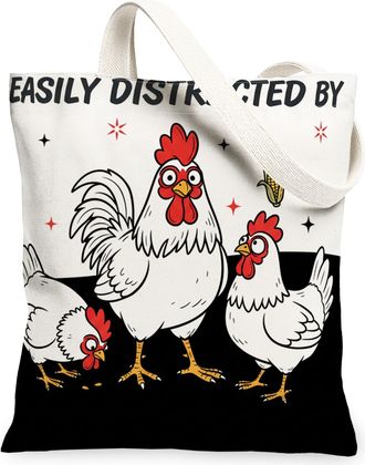 Generic Funny Chicken Canvas Tote Bags, Quirky Animal Print Reusable Grocery Bags, Lightweight Washable Shoulder Strap Canvas for E, White, 13x15 Inch