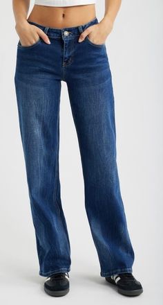YMI Brittany Butterfly Pocket Low Rise Wide Leg Jeans in Dark Blue at Nordstrom, Size 1