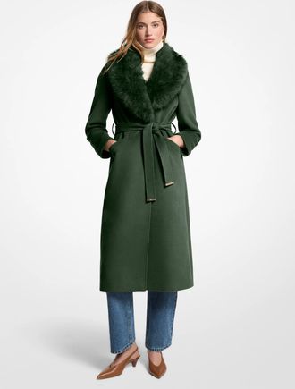 Michael Kors Faux Fur Trim Wool Blend Coat