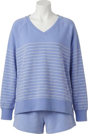 Z Supply Weekender Stripe V Neck Sweatshirt In Barcelona Blue