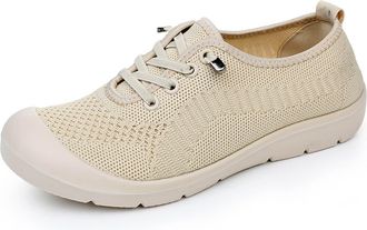 Generic Womens Trainers Casual Breathable Flat Shoes Round Toe Solid Color Lightweight Classic Comfortable Slip On Running Shoes Sports Gym Beige