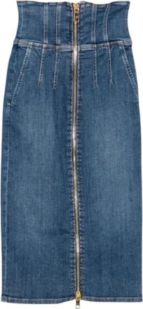 Elisabetta Franchi Midi Denim Rok met Goudkleurige Rits - Dames - Spijkerrokken - Blauw - M - Denim - Rokken
