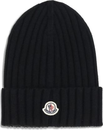 Moncler Geribbelde Wollen Beanie Hoed - Dames - Hoeden - Zwart - ONE Size - Wol - Accessoires