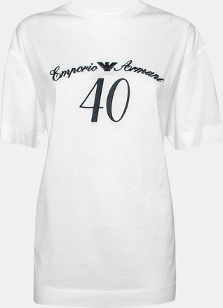 Emporio Armani White Cotton Logo Embroidered Crew Neck Top