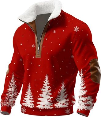 Generic Mens Christmas Jumpers Fleece Lined Sweatshirts Xmas Tree Snowflake Printed 1/4 Zip Pullover Men Christmas Jumper 2025 Holiday Winter Warm Sweaters Tr