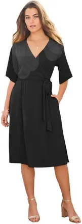 Roaman's Plus Size Short Sleeve Wrap Fit And Flare Dress in Black at Nordstrom, Size 36