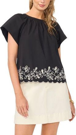 Vince Camuto Embroidered Flutter Sleeve Top in Rich Black at Nordstrom, Size Xx-Small